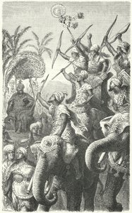 Porus, král Pauravas, hodnotí své válečné slony (rytina) od Heinrich Leutemann