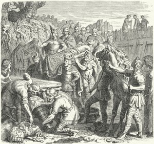Pohřeb Alarica I., krále Vizigótů, v korytě řeky Busento, 410 (rytina) od Heinrich Leutemann