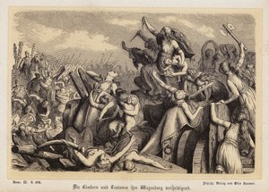 Ženy Cimbrů a Teutonů bránící svůj vlak se zavazadly před Římany (rytina) od Heinrich Leutemann