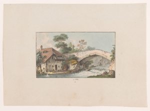 Pohled na dům u mostu v Orbe à Orbe (název na objektu) Pohledy na Švýcarsko (název série) Collection de quelques vues dessinées en Suisse d