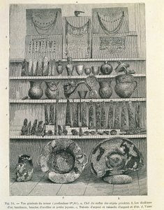 Takzvaný Priamův poklad objevený archeologem Heinrichem Schliemannem (1822-1890), tisk od Heinrich Schliemann
