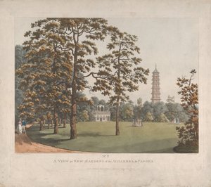 Pohled v Kew Gardens na Alhambru a pagodu, 1813.