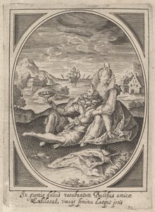Pár sedí na zemi, muž drží pohár a leží proti..., ca. 1585-1621.