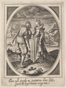 Muž přistoupí k ženě, která drží pohár u úst, vodní mlýn a horu..., ca. 1585-1621.