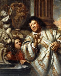 Portrét admirála Cornelia Trompa a průvodce vedle fontány