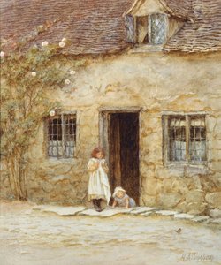 U dveří chalupy (akvarel s vyškrabáváním) od Helen Allingham