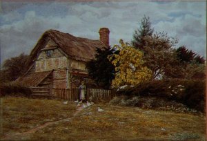 Laburnum Cottage: žena krmící kachny (akvarel) od Helen Allingham