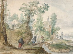 Zalesněná říční krajina s kostelem a postavami, ca. 1613. od Hendrick Avercamp
