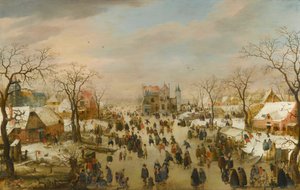 Panoramatická zimní krajina s množstvím postav na zamrzlé řece od Hendrick Avercamp