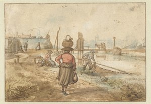 Říční krajina se ženou nesoucí košík na hlavě, rybáři a dalšími postavami poblíž hradeb města od Hendrick Avercamp