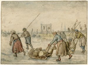 Zimní krajina se dvěma ženami a saněmi a dalšími postavami na ledě, šibenice v dálce od Hendrick Avercamp