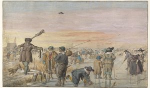 Zimní scéna na ledě s lovcem ukazujícím vydru od Hendrick Avercamp