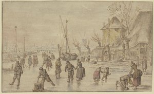 Zimní krajina, na ledě je spousta bruslařů, vpravo muž zapíná ženě brusle od Hendrick Avercamp
