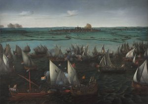 Bitva mezi holandskými a španělskými loděmi na Haarlemmermeer, kolem roku 1629 (olej na plátně)