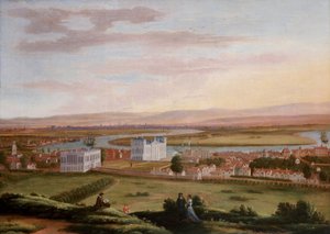 Pohled na Greenwich a Královnin dům od jihovýchodu, kolem roku 1670, vlevo pod Královniným domem prochází Old Woolwich Road a vpravo je vidět Králův nový dům (v současnosti budova Královského soudního dvora (bývalá budova Královského námořnictva)).