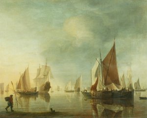 Lodní kotva na moři v klidném moři; večerní světlo, cca 1650-60 (olej na panelu) od Hendrick Dubbels