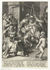Manželské váhy Peníze jsou ta pravá láska Svatební měřítko Přísloví podle Karla van Mandera (název série) od Hendrick Goltzius (attributed to workshop of)