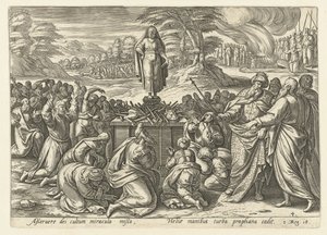 Eliáš soutěží s proroky Baalovými Historie Eliáše (název série) od Hendrick Goltzius (rejected attribution)