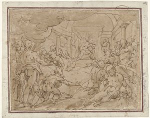 Phaeton žádá Apolla o sluneční vůz od Hendrick Goltzius (school of)