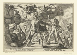 Útok obrů na svět bohů Ovidiovy metamorfózy (název série) od Hendrick Goltzius (workshop of)