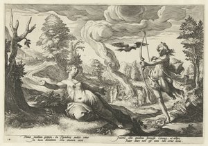 Apollo doodt Coronis Ovidiův Metamorfosen (název série) od Hendrick Goltzius (workshop of)