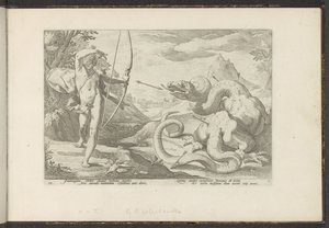 Apollo zabije obřího hada Pythona Ovidiovy metamorfózy (název série) Re-creations P. Ovidius Naso (název série) od Hendrick Goltzius (workshop of)