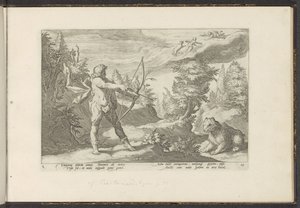 Arcas míří svým šípem na Callisto Ovidiovy metamorfózy (název série) Re-creations P. Ovidius Naso (název série) od Hendrick Goltzius (workshop of)
