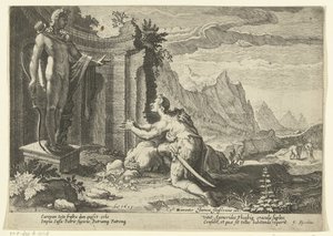 Cadmus se ptá věštce Delphi, co má dělat, když se mu nepodařilo najít svou sestru Europu Ovidiovy metamorfózy (název série) od Hendrick Goltzius (workshop of)