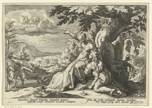 Clymene přiřadí Phaethonovi jeho otce, boha Slunce Ovidiovy metamorfózy (název série) od Hendrick Goltzius (workshop of)