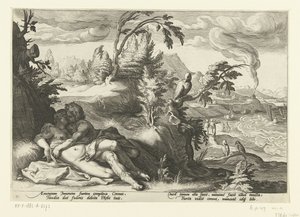 Corvus chytí dívku Coronis Ovidiovy metamorfózy (název série) od Hendrick Goltzius (workshop of)
