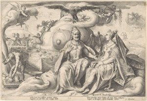 Diskuse mezi Jupiterem a Juno Metamorfózy Ovidia (název série) od Hendrick Goltzius (workshop of)