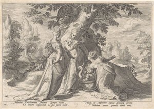 Dcery Cecrops otevírají košík Minervy Metamorfózy Ovidia (název série) od Hendrick Goltzius (workshop of)