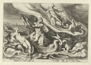 Juno si stěžuje Thetis a Oceanus Ovidiovy metamorfózy (název série) od Hendrick Goltzius (workshop of)