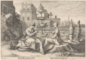 Juno se blíží k Semele v masce Beroe Metamorfózy Ovidia (název série) od Hendrick Goltzius (workshop of)