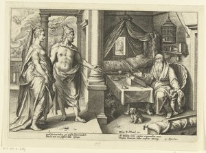 Juno a Jupiter se poradí s Tiresiasem Ovidiovy metamorfózy (název série) od Hendrick Goltzius (workshop of)