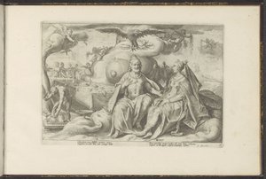 Jupiter a Juno diskutují o tom, které z pohlaví má větší touhu po lásce Ovidiovy metamorfózy (název série) Re-creations P. Ovidius Naso (název série) od Hendrick Goltzius (workshop of)