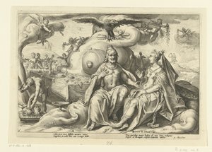 Jupiter a Juno diskutují o tom, které z pohlaví má větší touhu po lásce Ovidiovy metamorfózy (název série) od Hendrick Goltzius (workshop of)