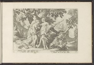 Jupiter svádí Callisto v převleku Diany Ovidiovy metamorfózy (název série) Re-creations P. Ovidius Naso (název série) od Hendrick Goltzius (workshop of)