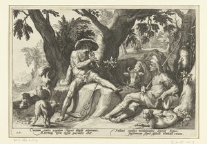 Mercury hraje na flétnu pro Argus Ovidiovy metamorfózy (název série) od Hendrick Goltzius (workshop of)