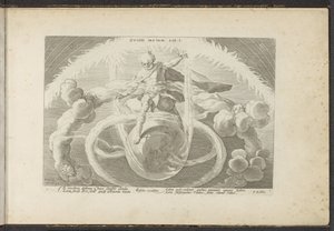 Pořádek v chaosu Stvoření čtyř živlů Ovidii Metam. lib. I (název na objektu) Ovidiovy metamorfózy (název série) Re-creations P. Ovidius Naso (název série) od Hendrick Goltzius (workshop of)