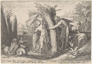Pan en Syrigs Transfigured Van Ovid (název série) od Hendrick Goltzius (workshop of)