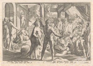 Phaëthon se ptá Apolla, jestli může jet ve svém voze Metamorfózy Ovidia (název série) od Hendrick Goltzius (workshop of)