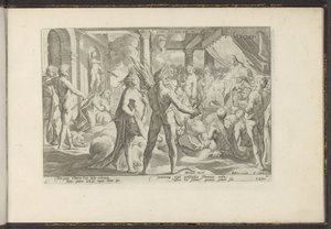 Phaëton v het paleis van Helios Ovidiova meta. Lib. II (název na objektu) Ovidiův Metamorfosen (název série) Herscheppingen van P. Ovidius Naso (název série) od Hendrick Goltzius (workshop of)