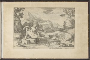 Salmacis a Hermaphroditus Ovidiův Metamorfosen (název série) Herscheppingen van P. Ovidius Naso (název série) od Hendrick Goltzius (workshop of)