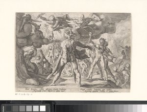 Bitva mezi bohy a obry Metamorfózy Ovidia (název série) od Hendrick Goltzius (workshop of)