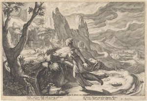 Thisbe prchá před lvicí Metamorfózy Ovidia (název série) od Hendrick Goltzius (workshop of)