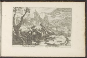 Thisbe prchá před lvem Ovidiovy metamorfózy (název série) Re-creations P. Ovidius Naso (název série) od Hendrick Goltzius (workshop of)
