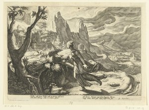Thisbe prchá před lvem Ovidiovy metamorfózy (název série) od Hendrick Goltzius (workshop of)