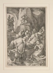 Burial of Christ (The Entombment), z The Passion, # 11 v sérii 12 rytin od Hendrick Goltzius