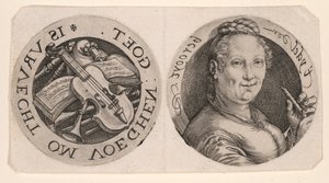 Busta ženy držící flétnu a hudební nástroje, na jednom listu od Hendrick Goltzius